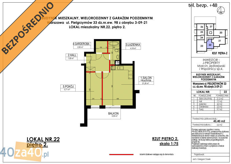 Mieszkanie na sprzedaż, pokoje: 2, cena: 524 000,00 PLN, Warszawa, kontakt: PL +48 697 100 006