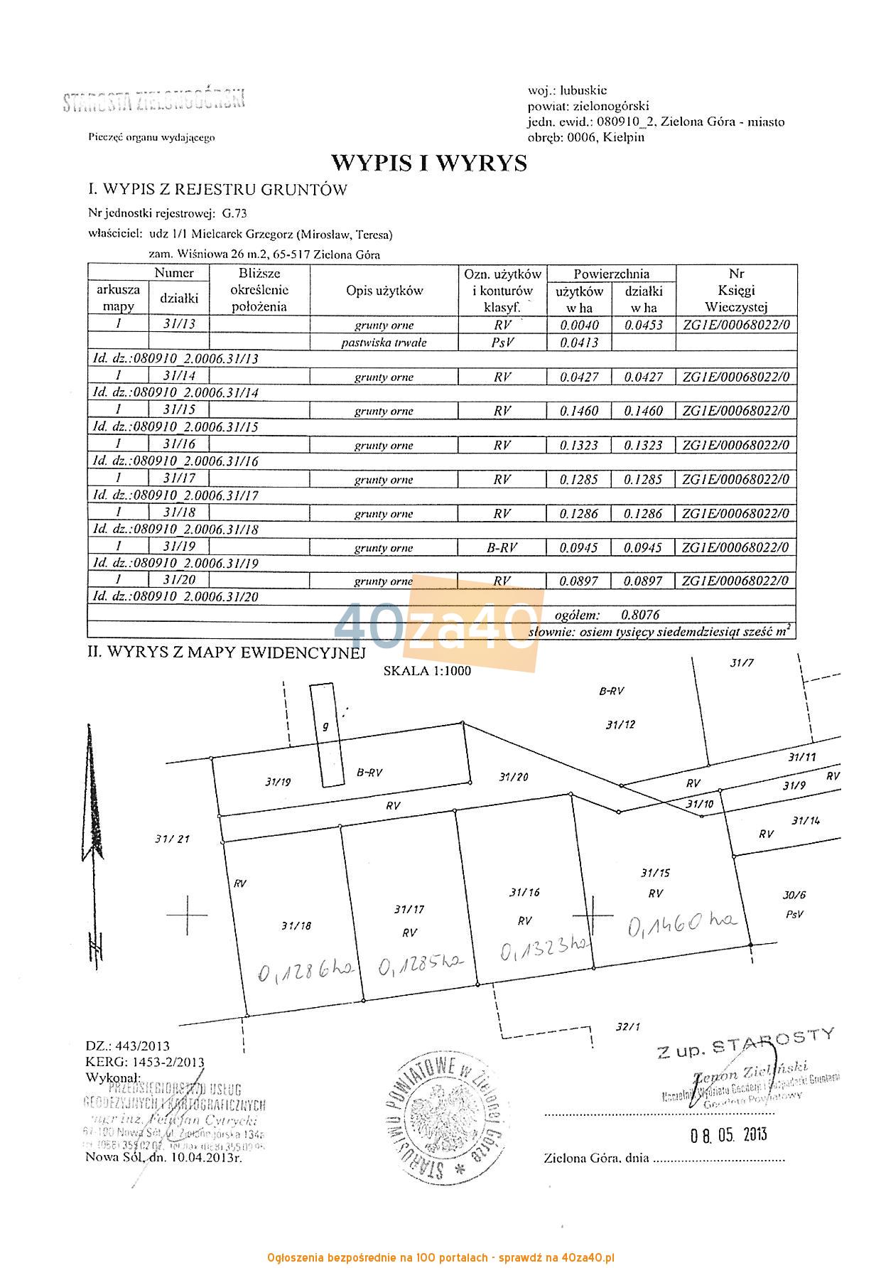 Działka na sprzedaż, 1323 m2, cena: 45 000,00 PLN, kontakt: 503940442